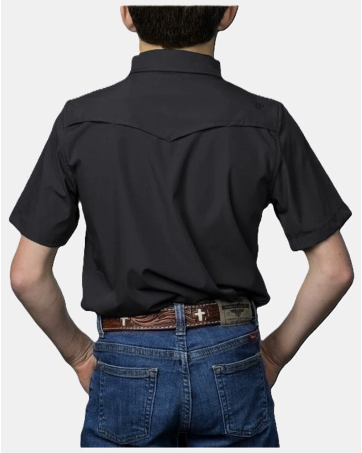 Image #2 - Ferrell Boys' Core Tek Solid Short Sleeve Snap Performance Western Shirt, Grey, hi-res