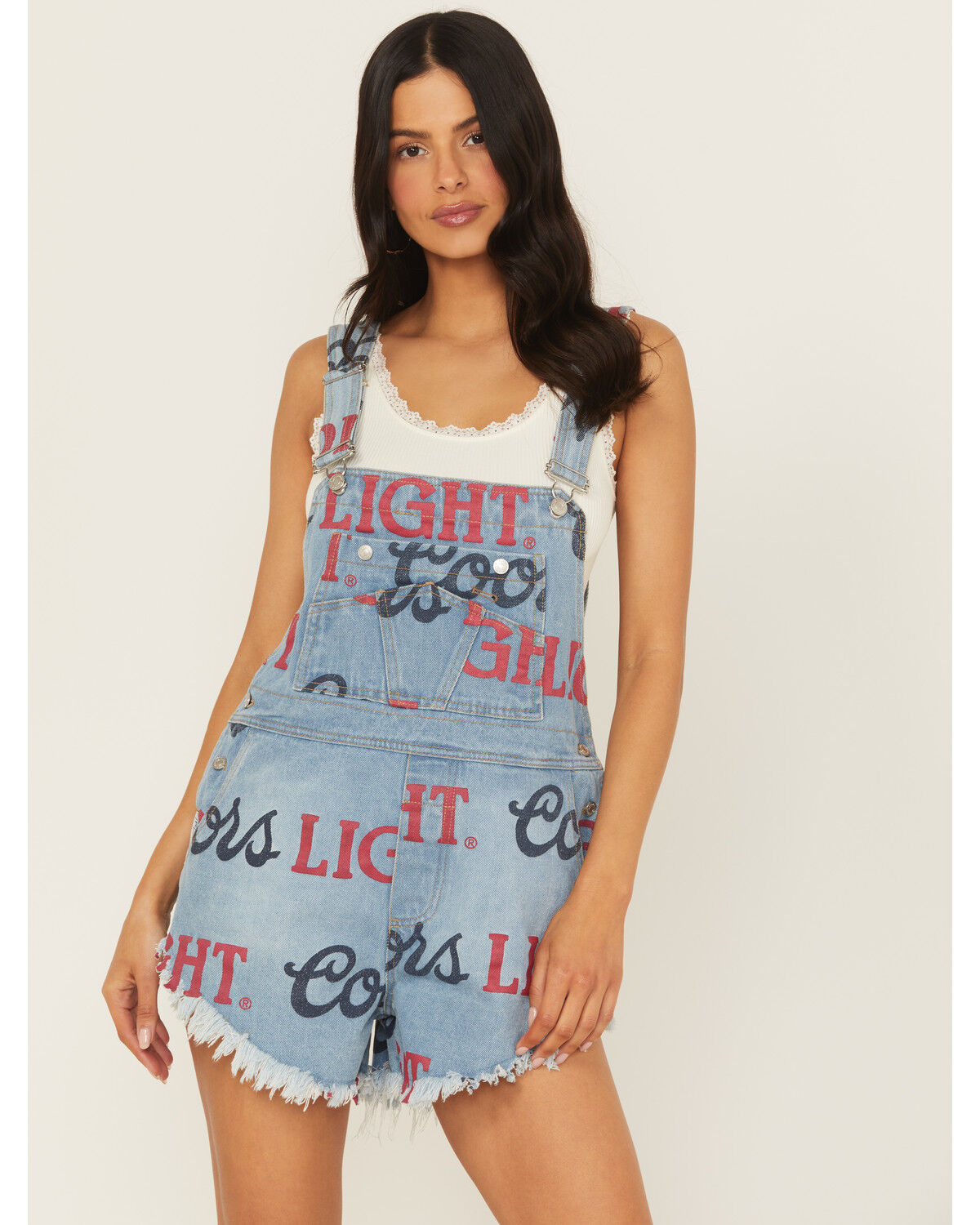 Image #1 - The Laundry Room Women's Medium Wash Coors Light Logo Print Denim Shortalls, Medium Wash, hi-res