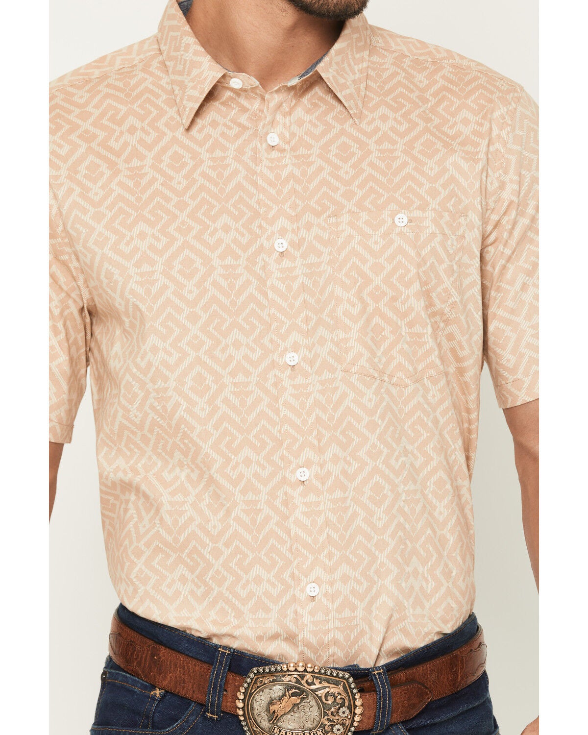 Image #3 - RANK 45&reg; Men's Mustang 2 Geo Print Short Sleeve Button-Down Stretch Western Shirt, Tan, hi-res