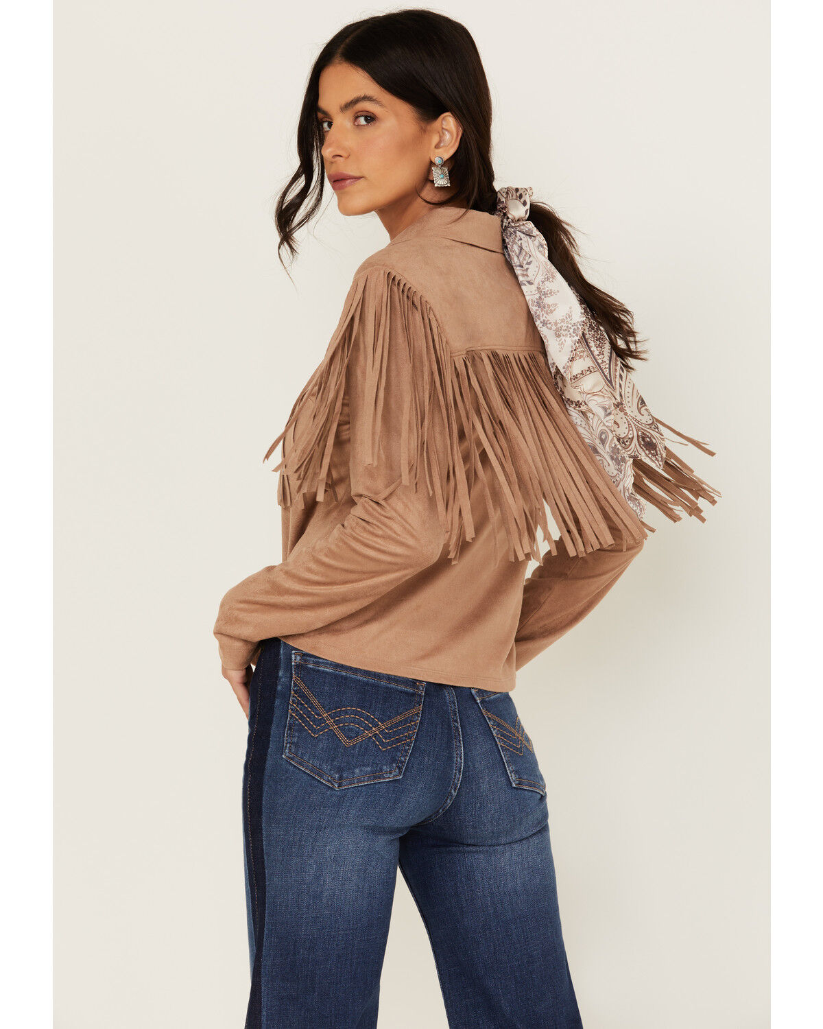 Image #4 - Idyllwind Women's Fate Tie-Front Faux Suede Fringe Shirt, Tan, hi-res