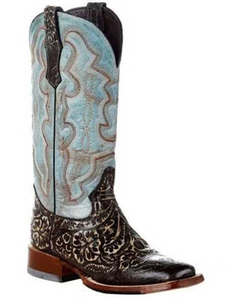 Image #1 - Tanner Mark Women's Tooled Western Boots - Broad Square Toe, Brown, hi-res