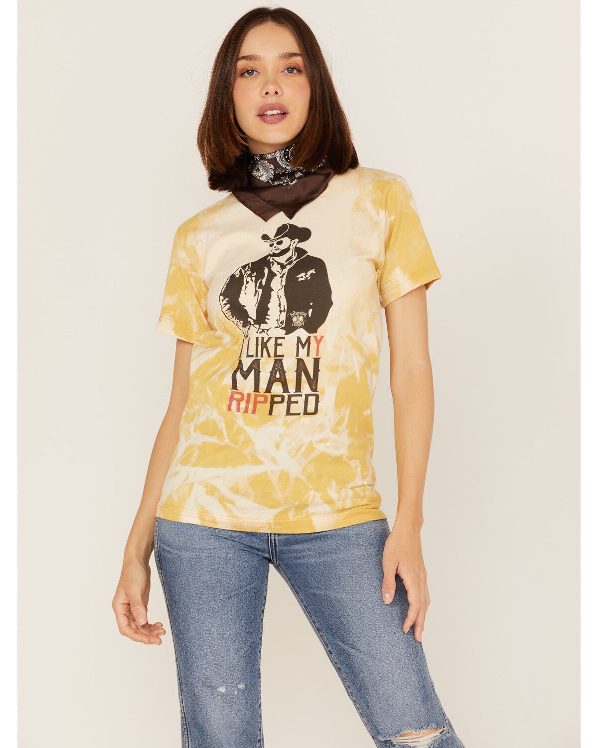 Bohemian Cowgirl Women's Like My Man Ripped Graphic Bleach Spray Tee, Mustard, hi-res