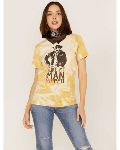 Image #1 - Bohemian Cowgirl Women's Like My Man Ripped Graphic Bleach Spray Tee, Mustard, hi-res