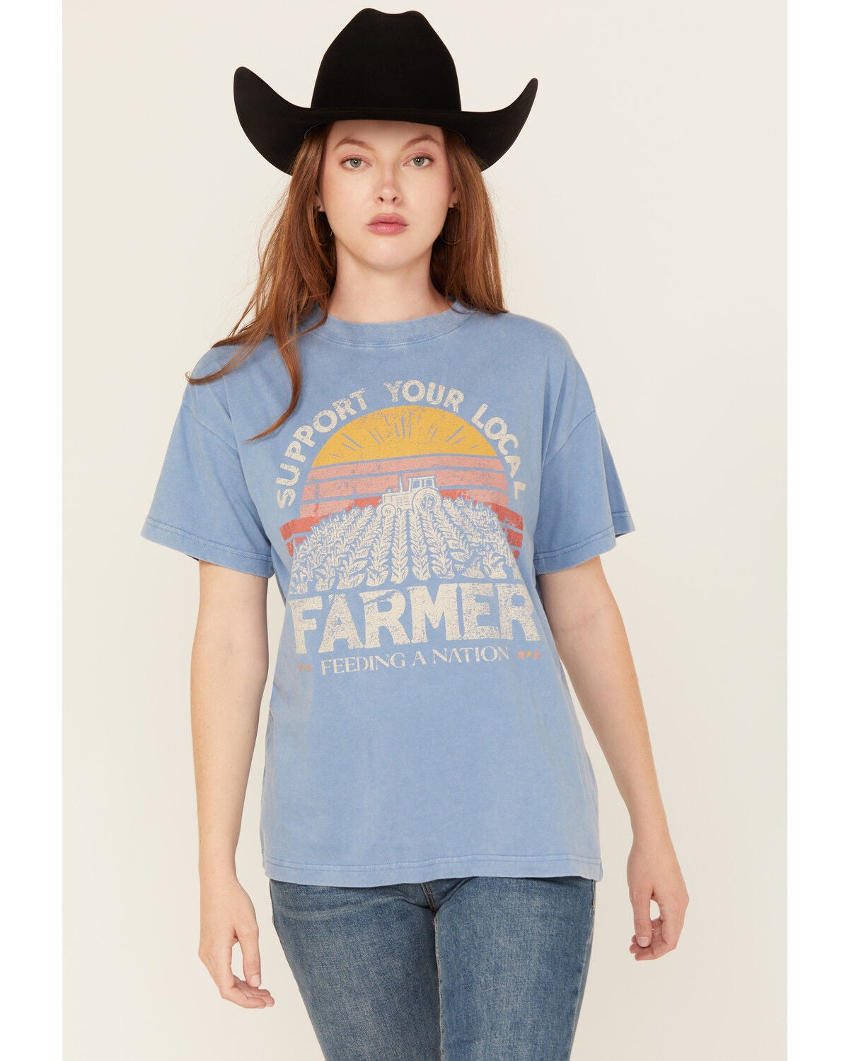 Cleo + Wolf Women's Support Your Local Farmer Short Sleeve Oversized Graphic Tee, Steel Blue, hi-res