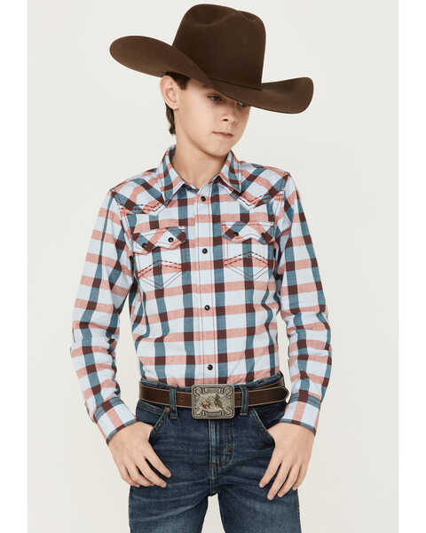 Cody James Boys' Plaid Print Long Sleeve Western Snap Shirt, Cream, hi-res