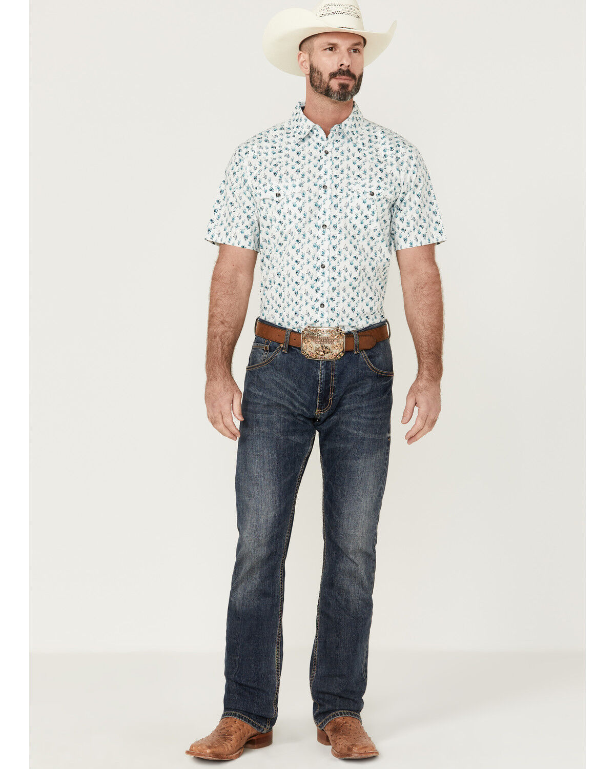 Image #2 - Moonshine Spirit Men's Blue Agave Floral Print Short Sleeve Snap Western Shirt, White, hi-res