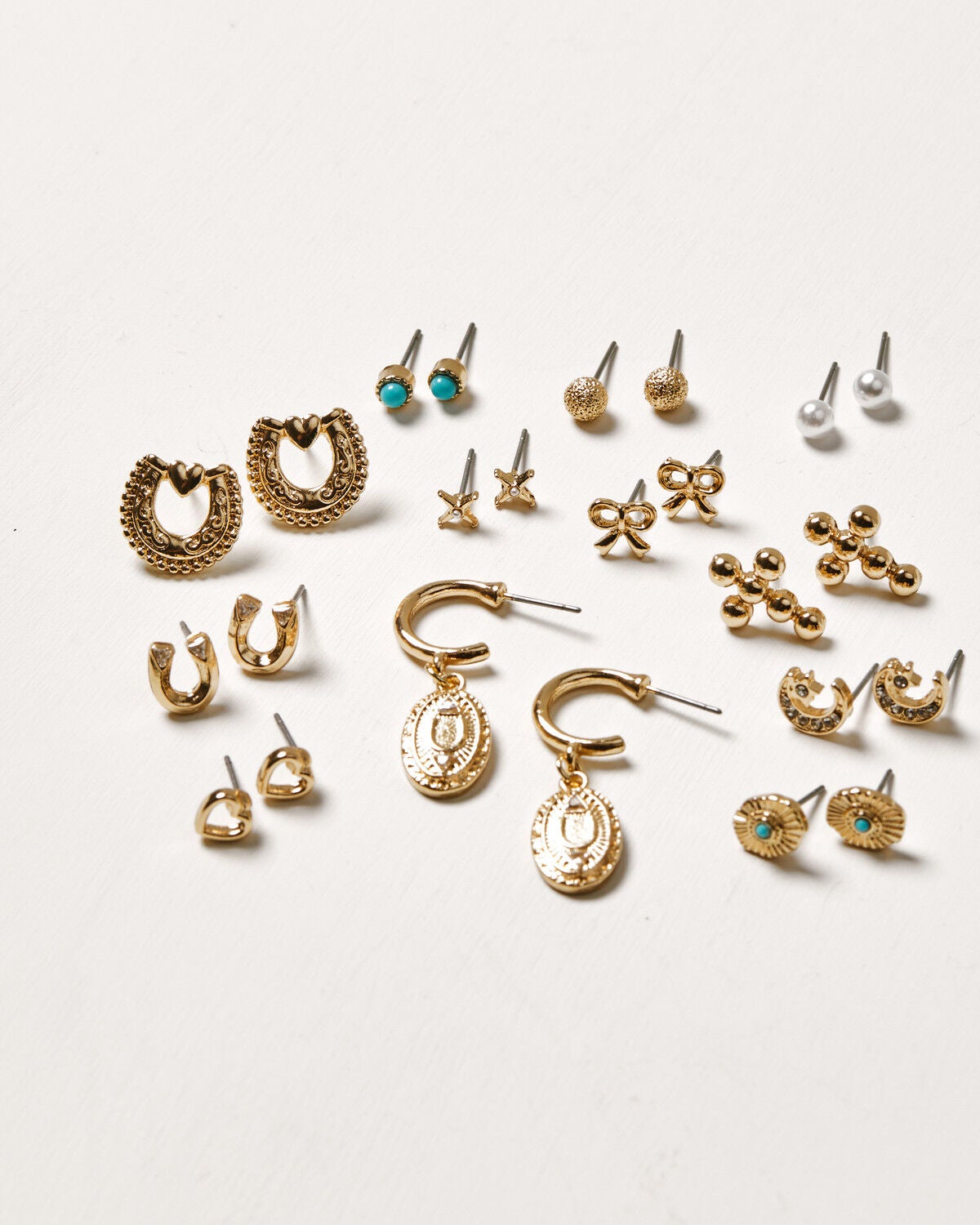 Image #1 - Shyanne Women's Horseshoe Charm Cross and Pearl Earring Set - 24 Piece, Gold, hi-res