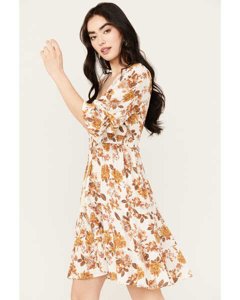 Wild Moss Women's Floral 3/4 Sleeve Dress, Off White, hi-res