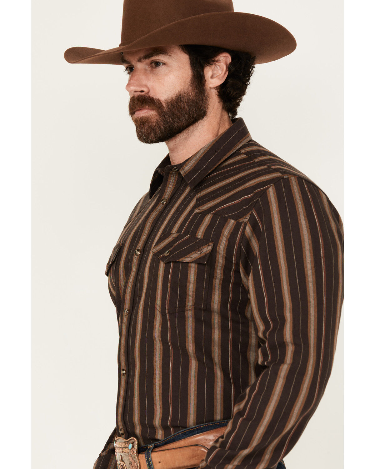 Image #2 - Blue Ranchwear Men's Aspen Striped Print Long Sleeve Snap Western Shirt, Dark Brown, hi-res
