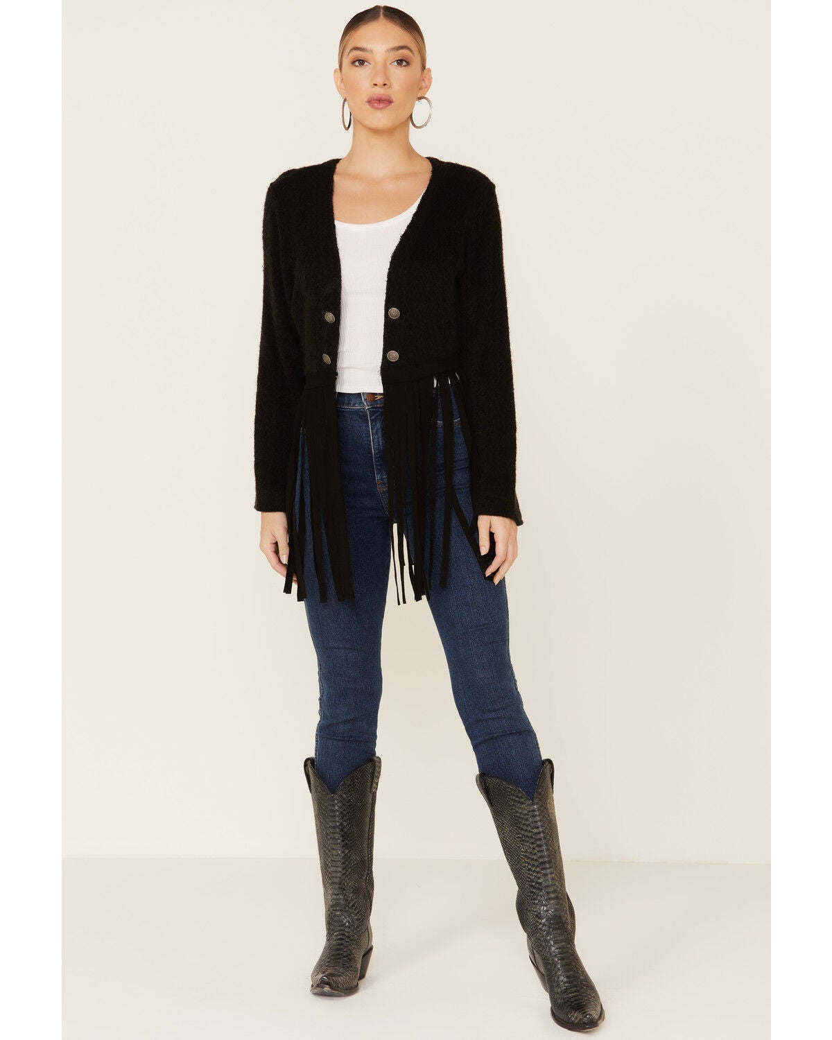 black faux suede fringe jacket