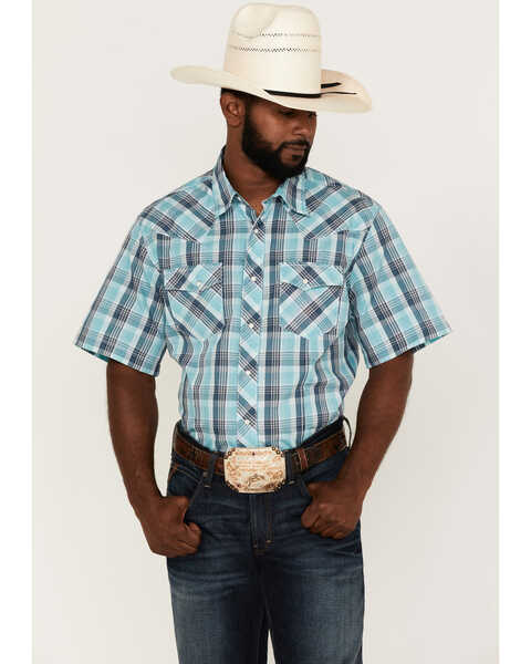 Image #1 - Wrangler Men's Plaid Print Short Sleeve Snap Western Shirt , Blue, hi-res