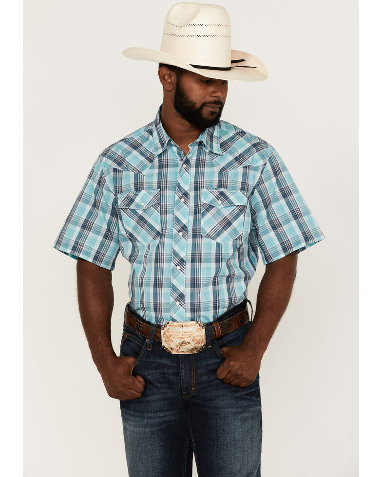 Wrangler Men's Plaid Short Sleeve Fashion Snap Western Shirt , Blue, hi-res