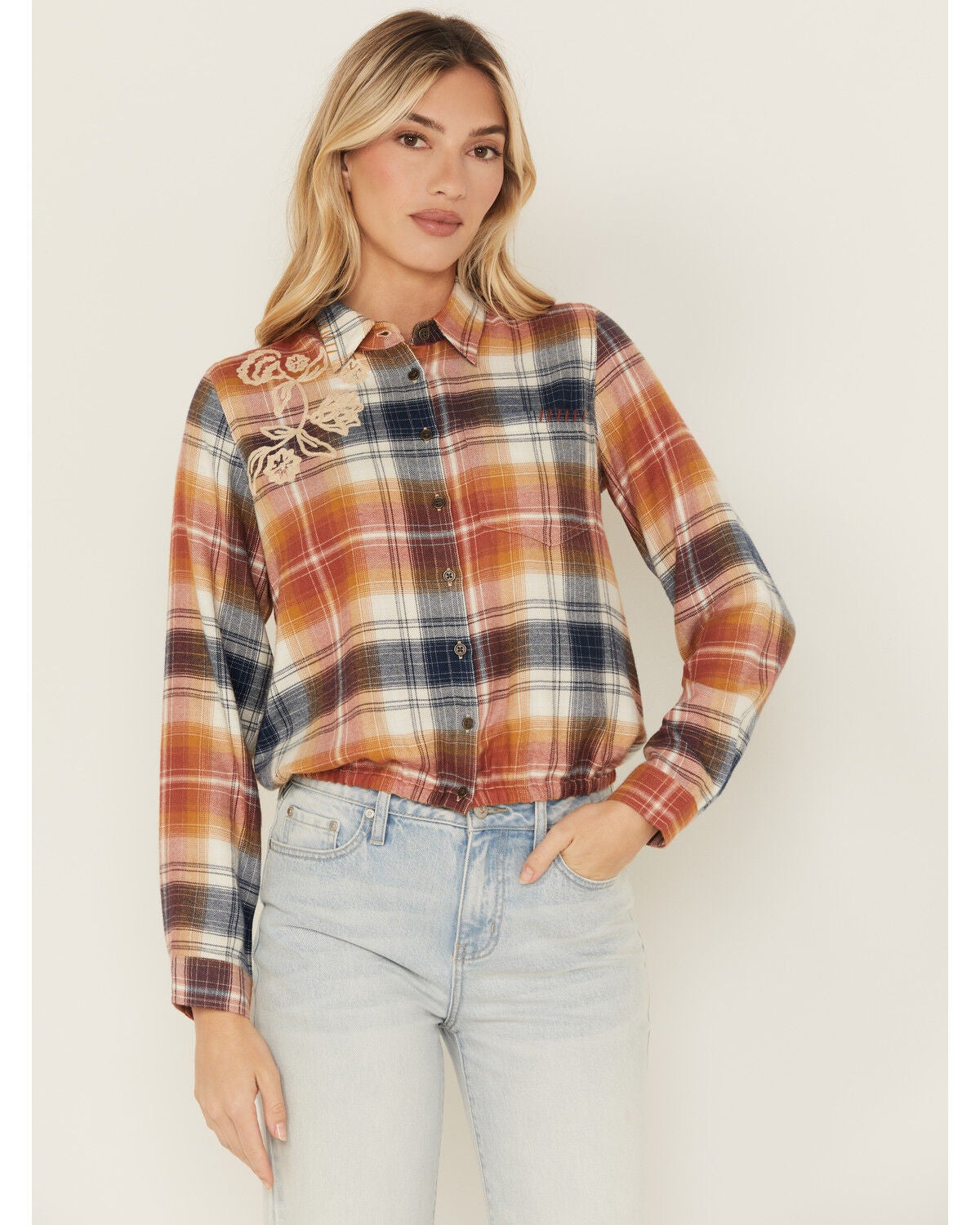 Cleo + Wolf Women's Embroidered Cropped Plaid Print Flannel Shirt, Lt Brown, hi-res
