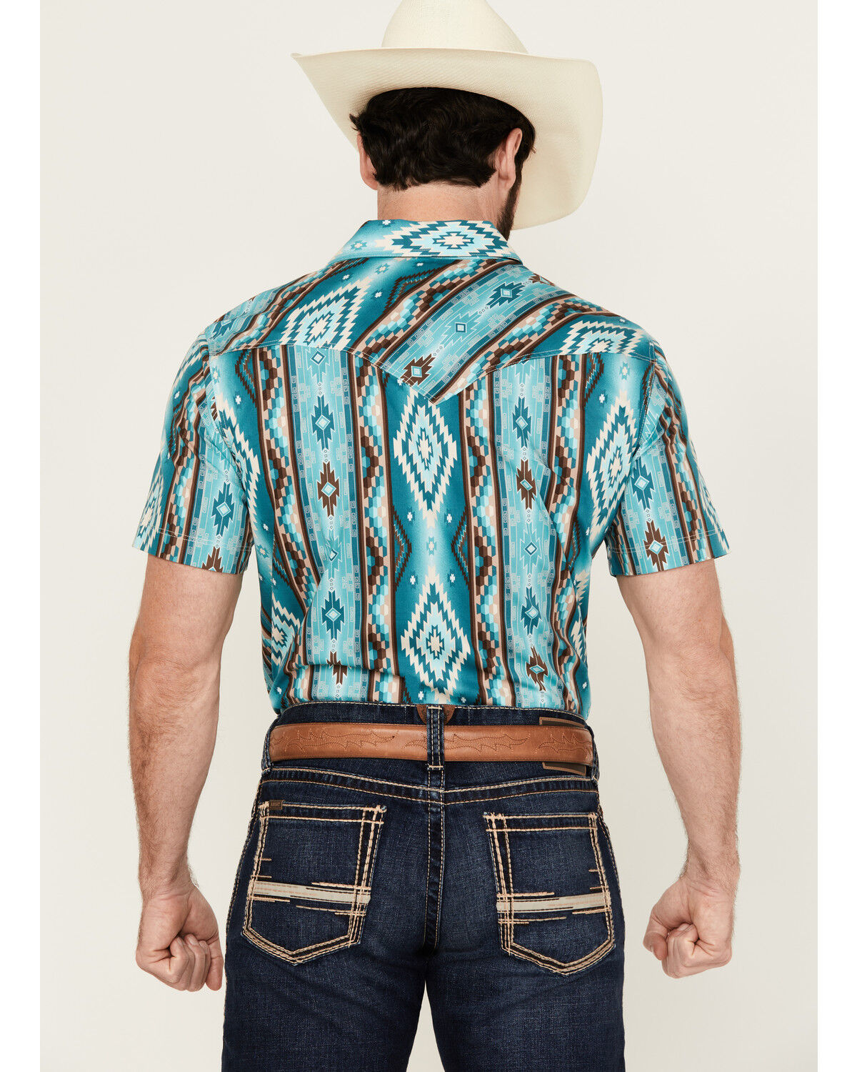 Image #4 - Rock & Roll Denim Men's Southwestern Print Short Sleeve Snap Stretch Western Shirt, Turquoise, hi-res