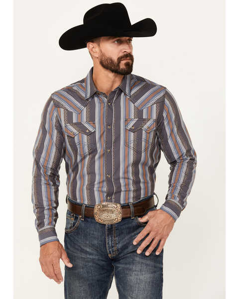 Image #1 - Cody James Men's Saddle Up Striped Print Long Sleeve Snap Western Shirt, Chocolate, hi-res