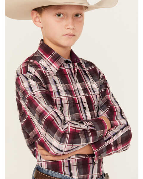 Image #2 - Panhandle Boys' Plaid Print Long Sleeve Snap Western Shirt, Maroon, hi-res