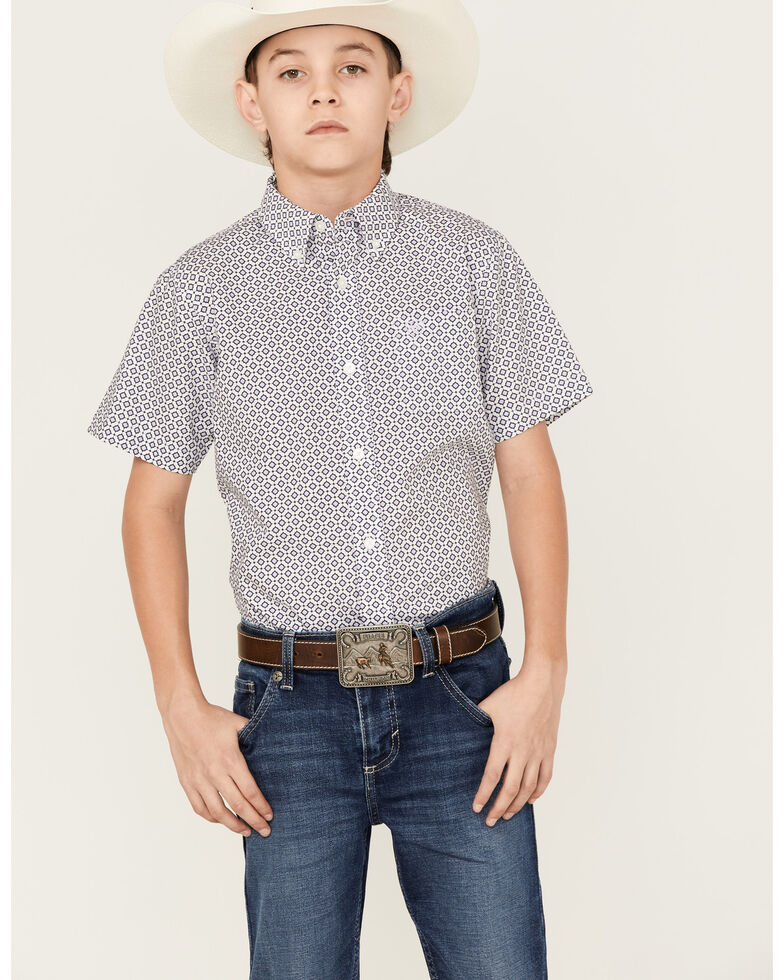Ariat Boys' Brecken Diamond Geo Print Long Sleeve Button-Down Western Shirt , White, hi-res