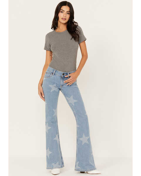 Wrangler Retro Women's Light Wash Mid Rise Star Print Mae Flare Jeans, Blue, hi-res
