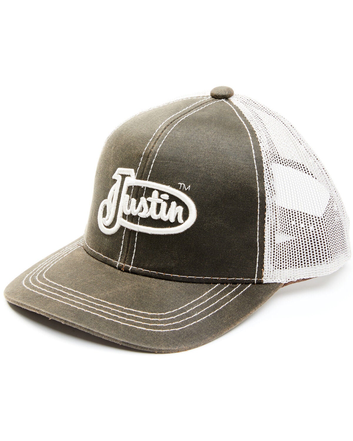 Justin Men's Brown Oilskin Embroidered Logo Mesh-Back Ball Cap, Brown, hi-res
