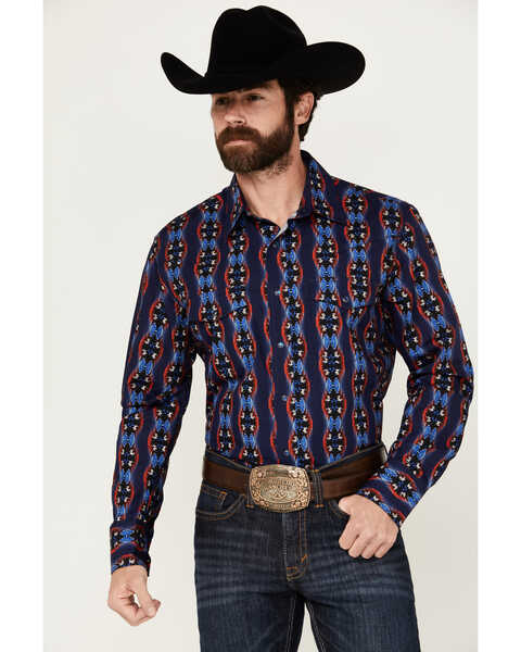 Image #1 - Wrangler Men's Southwestern Print Long Sleeve Snap Western Shirt, Blue, hi-res