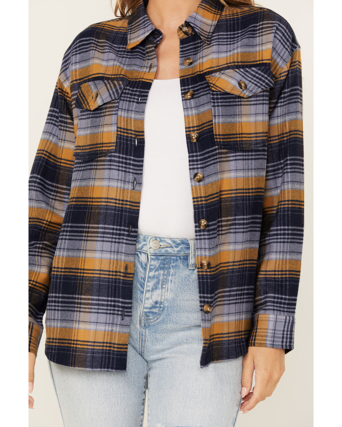 Image #3 - Cleo + Wolf Women's Long Sleeve Button-Down Flannel Boyfriend Shirt, Navy, hi-res