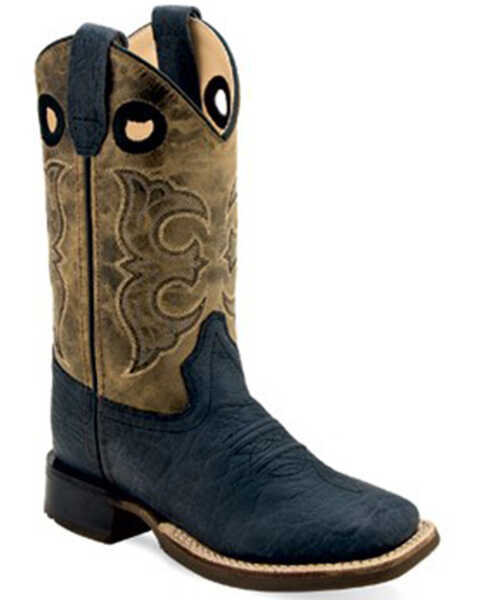 Old West Boys' Bull Hide Print Western Boots - Broad Square Toe, Brown, hi-res
