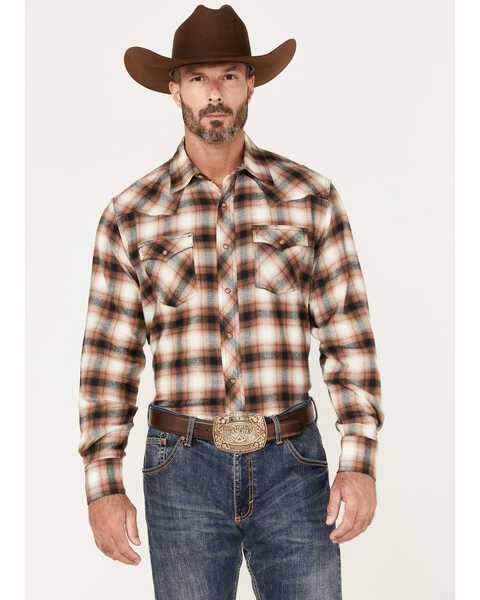 Wrangler Retro Men's Plaid Snap Western Flannel Shirt , Brown, hi-res