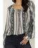 Image #3 - Wild Moss Women's Floral Striped Print Long Sleeve Peasant Shirt , Teal, hi-res