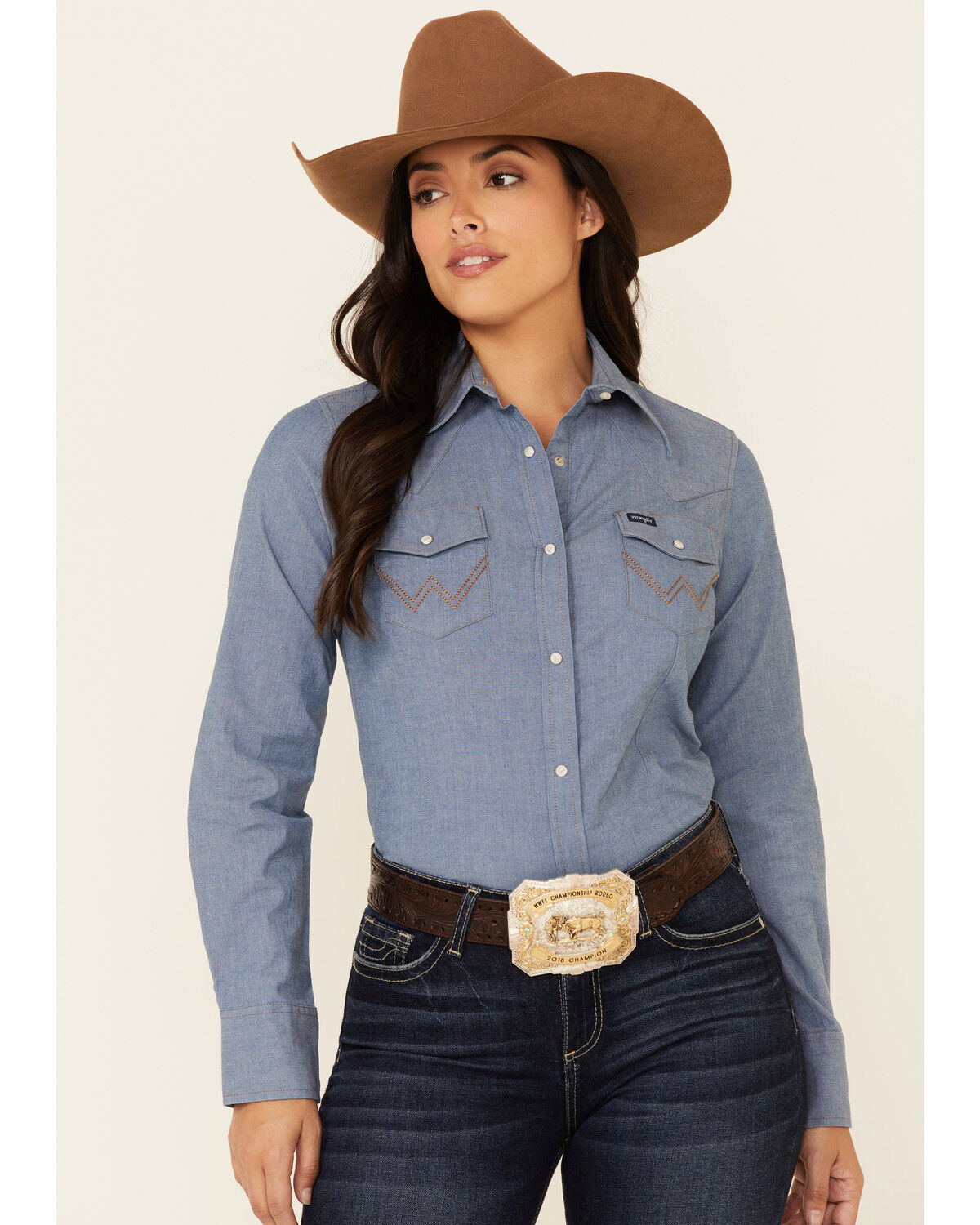 Image #1 - Wrangler Women's Solid Chambray Denim Long Sleeve Snap Western Core Shirt, Blue, hi-res