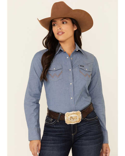 Wrangler Women's Solid Chambray Denim Long Sleeve Snap Western Core Shirt , Blue, hi-res