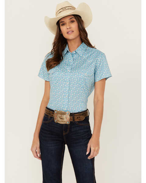 Image #1 - Rough Stock by Panhandle Women's Southwestern Geo Print Short Sleeve Snap Stretch Western Shirt , Aqua, hi-res