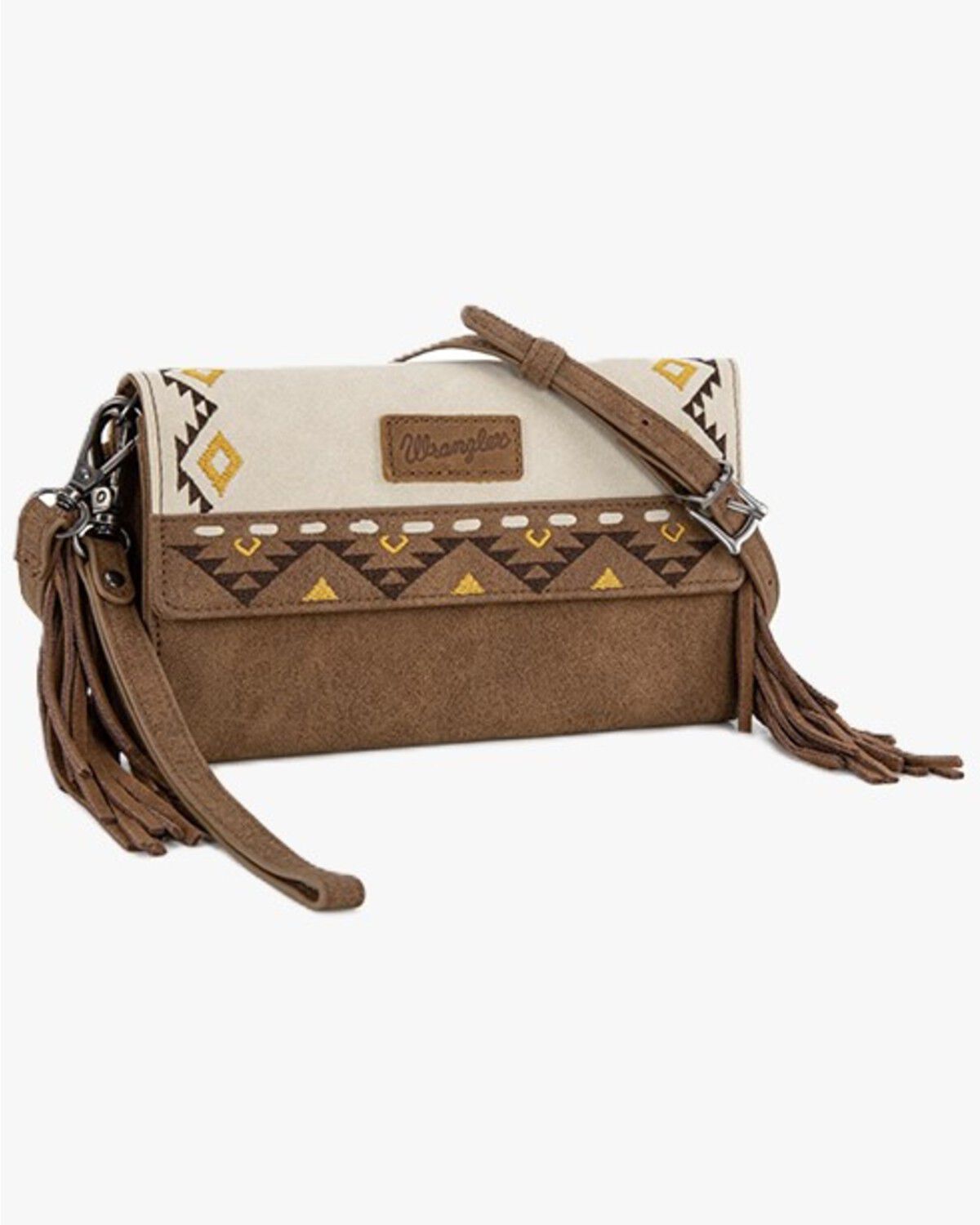 Wrangler Women's Southwestern Embroidered Fringe Wallet Crossbody Bag, Beige, hi-res