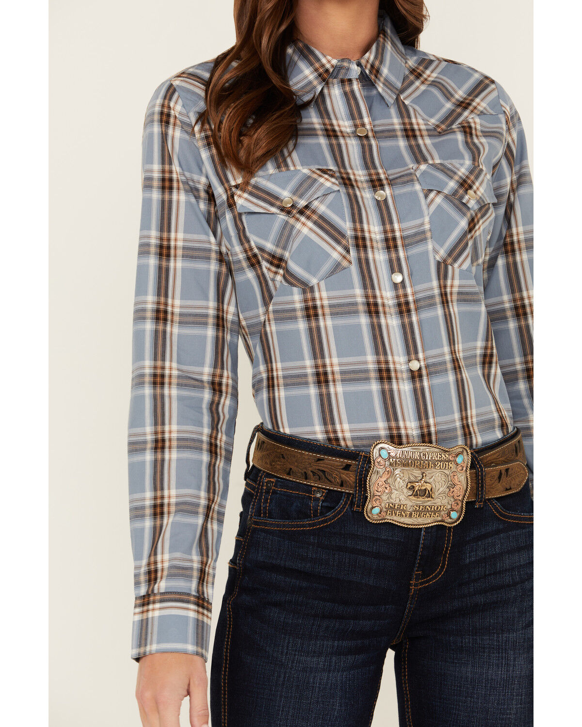 Image #3 - Wrangler Women's Plaid Print Long Sleeve Pearl Snap Western Shirt, Blue, hi-res