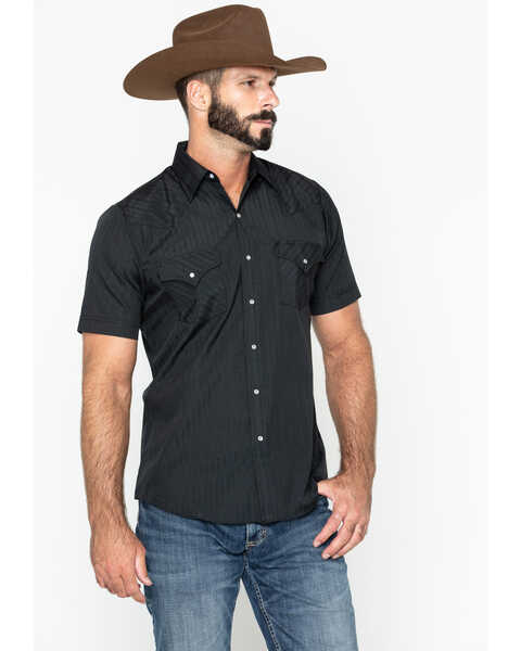 Image #1 - Ely Walker Men's Tonal Dobby Striped Short Sleeve Pearl Snap Western Shirt, Black, hi-res