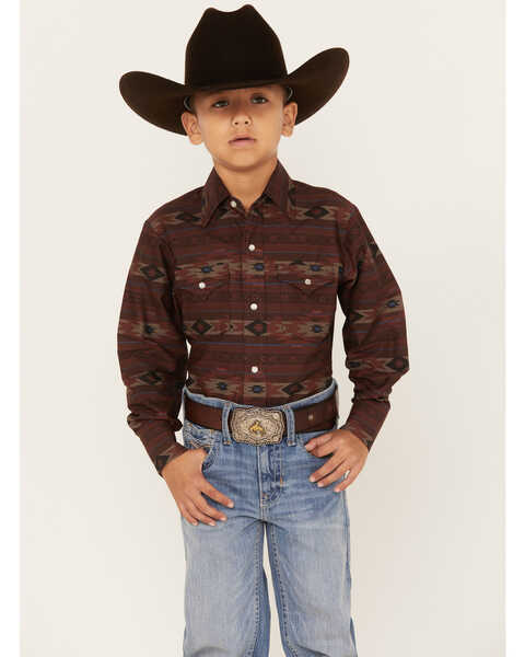 Image #1 - Ely Walker Boys' Southwestern Stripe Long Sleeve Pearl Snap Western Shirt, Burgundy, hi-res