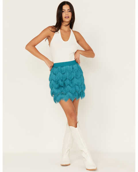 Shyanne Women's Fringe Flapper Mini Skirt, Teal, hi-res
