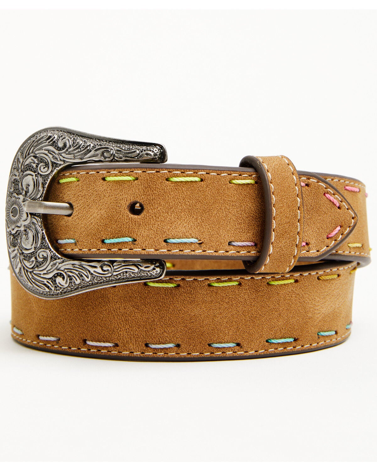 Roper Girls' Rainbow Stitched Faux Leather Belt, Brown, hi-res