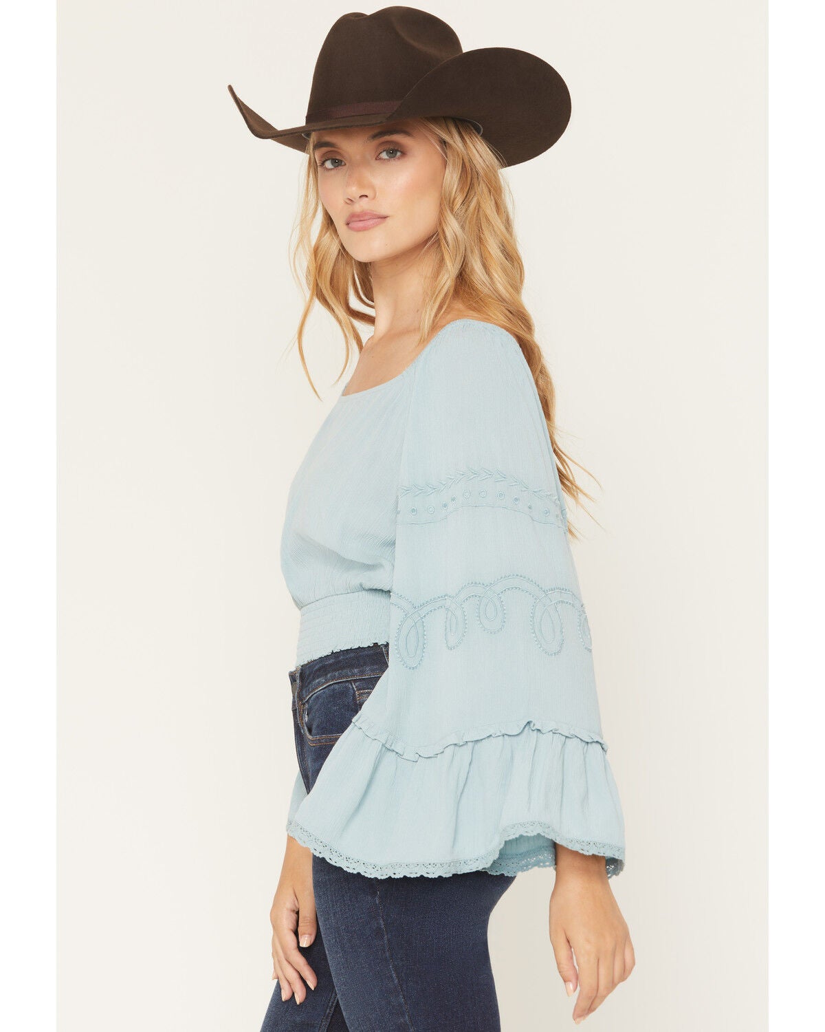 Image #2 - Shyanne Women's Pearl Embroidered Long Bell Sleeve Shirt, Aqua, hi-res