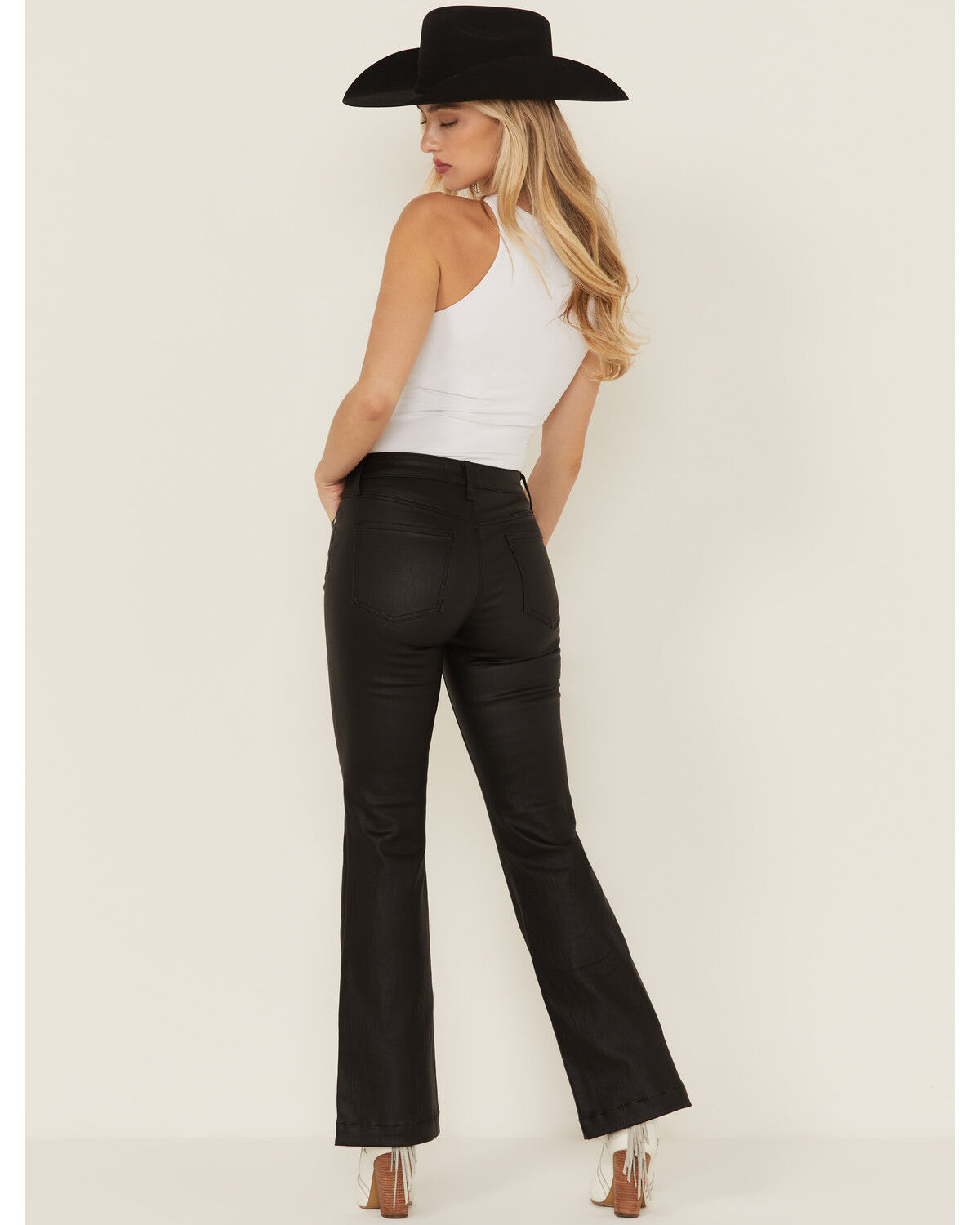 Image #3 - Daze Women's Mid Rise Coated Flare Stretch Pants, Black, hi-res