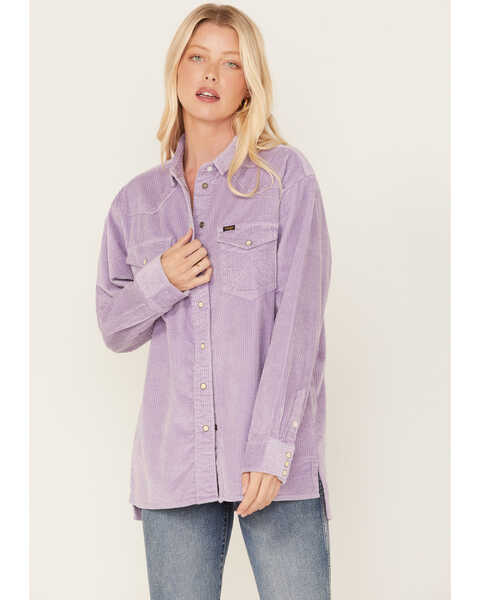 Wrangler Women's Corduroy Long Sleeve Snap Western Overshirt, Lavender, hi-res
