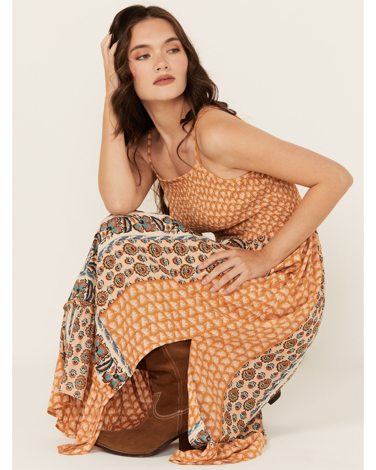 Image #1 - Angie Women's Border Print Smocked Midi Dress, Mustard, hi-res