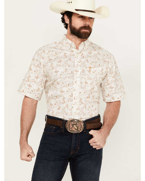 Ariat Men's Edison Cowboy Ranch Print Short Sleeve Button-Down Western Shirt , Tan, hi-res