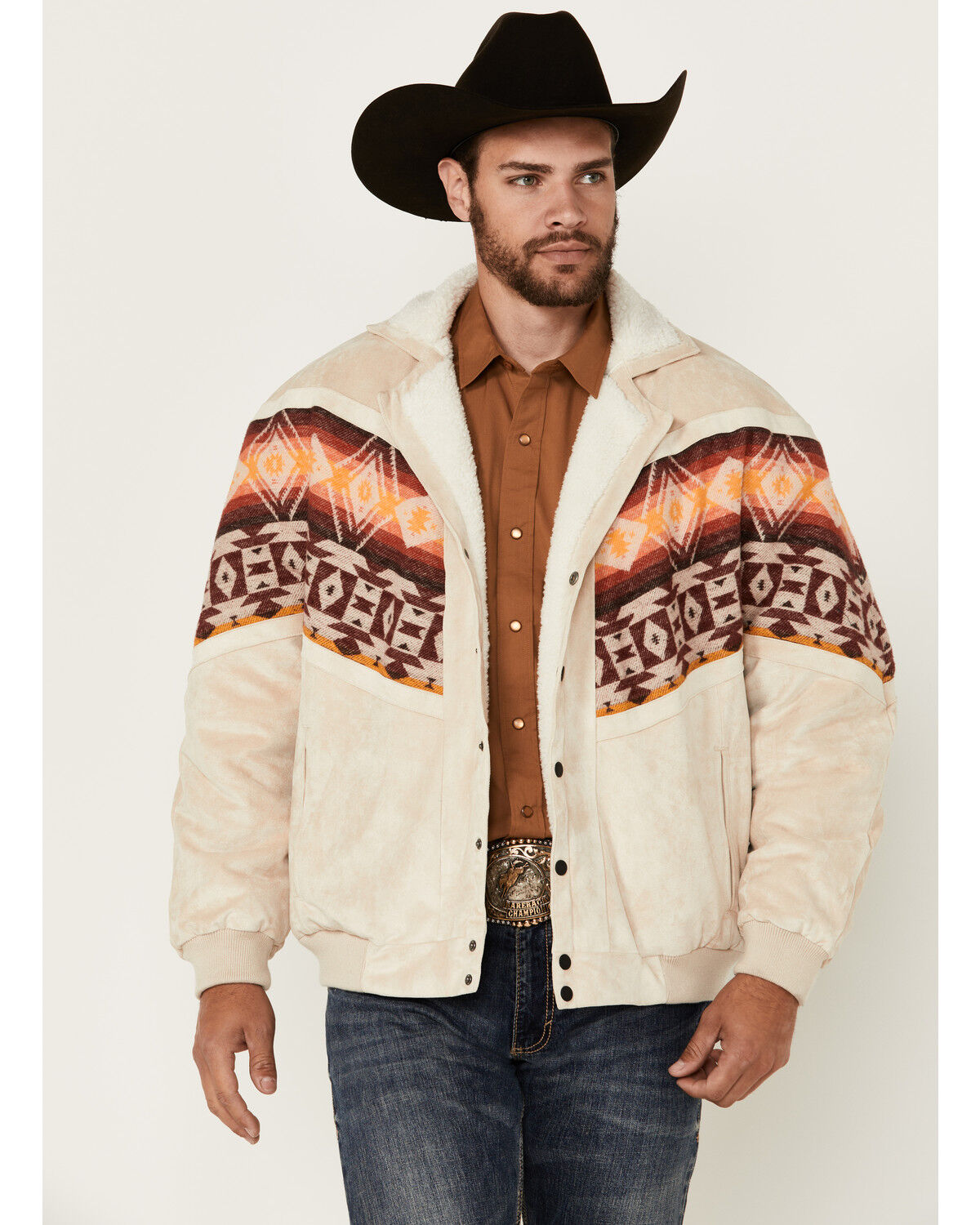 Image #1 - Rock & Roll Denim Men's Southwestern Border Microsuede Snap Bomber Jacket, Cream, hi-res