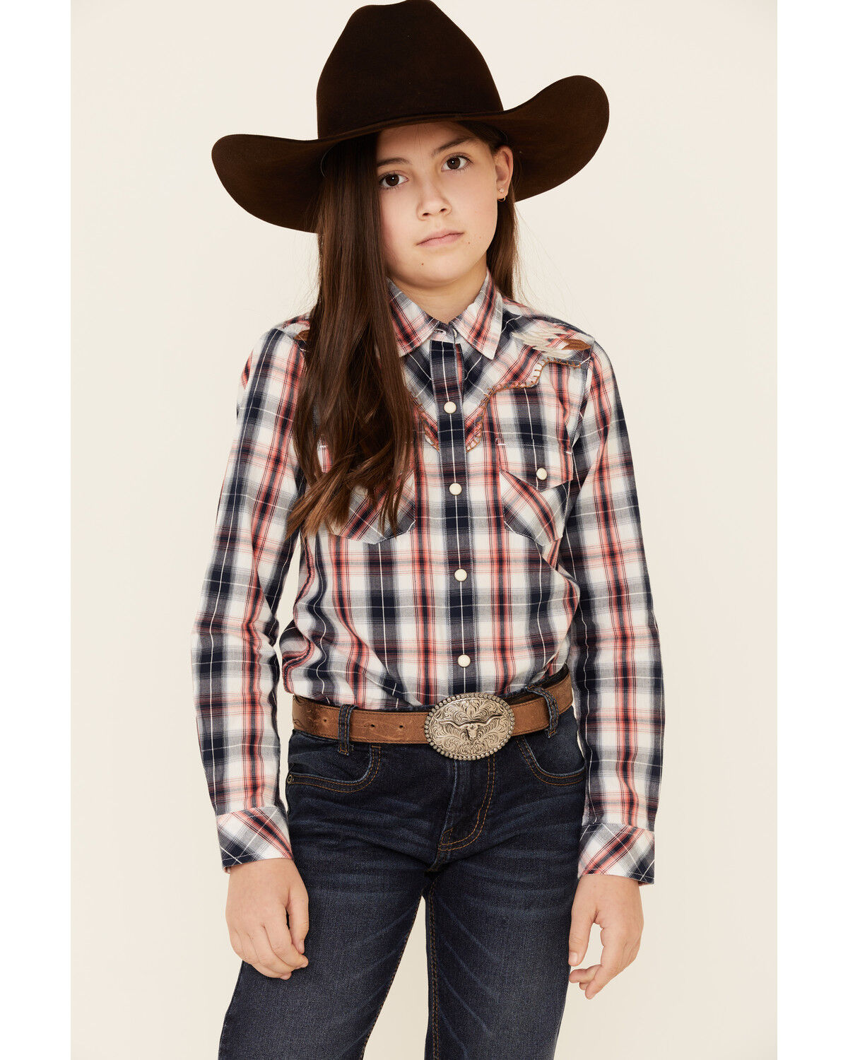 Image #1 - Ariat Girls' Dynamic Plaid Print Southwestern Yoke Long Sleeve Western Shirt, Multi, hi-res