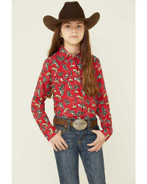 Roper Girls' Red Boot Scoot Print Long Sleeve Snap Western Shirt , Red, hi-res
