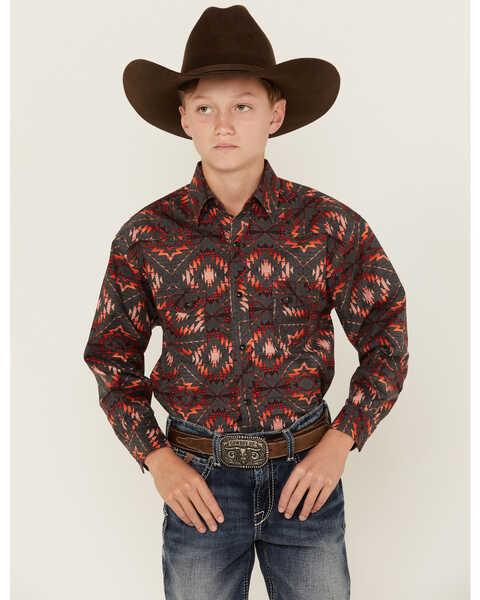 Image #1 - Panhandle Boys' Southwestern Print Long Sleeve Snap Western Shirt , Orange, hi-res
