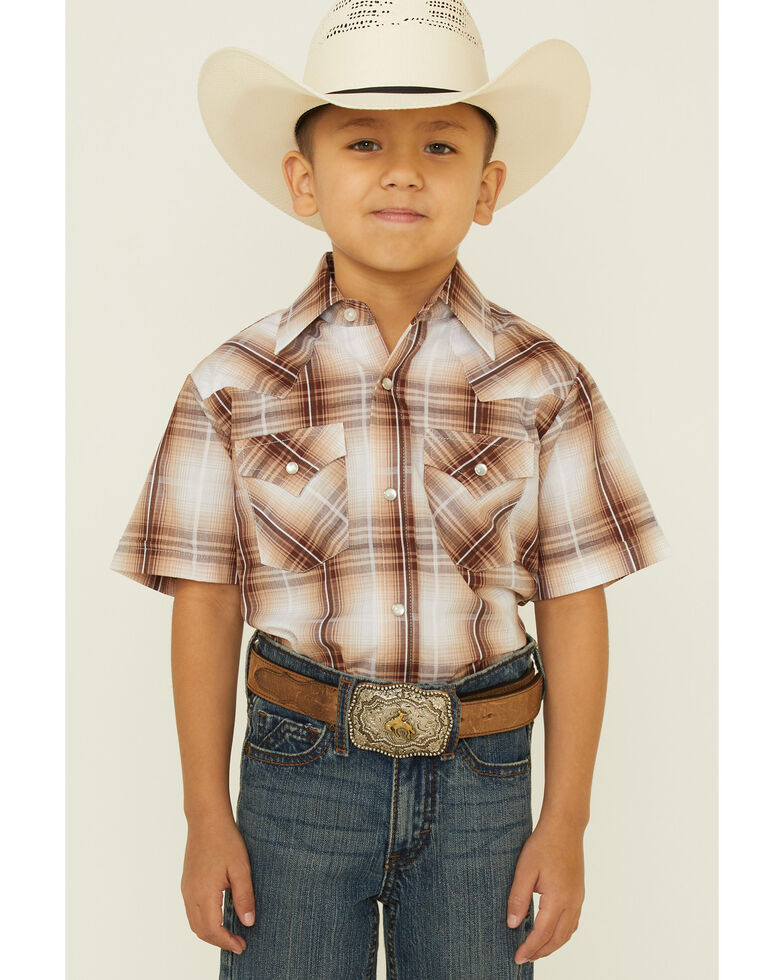 Ely Walker Boys' Khaki Textured Plaid Short Sleeve Snap Western Shirt , Beige/khaki, hi-res