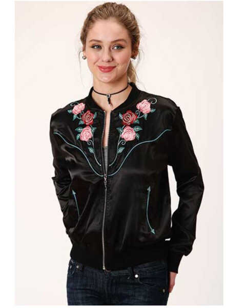 Image #1 - Roper Women's Black Satin Floral Embroidered Bomber Jacket, , hi-res