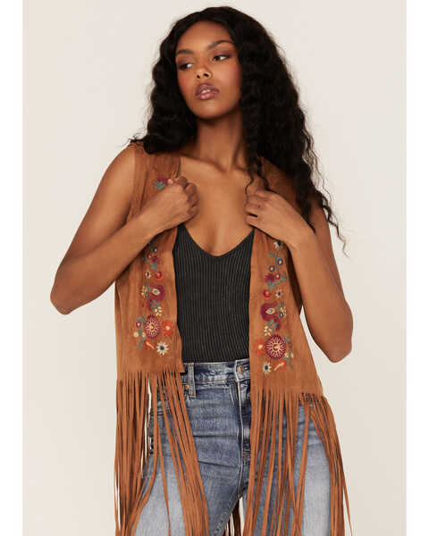 Image #2 - Fornia Women's Faux Suede Embroidered Fringe Vest, , hi-res