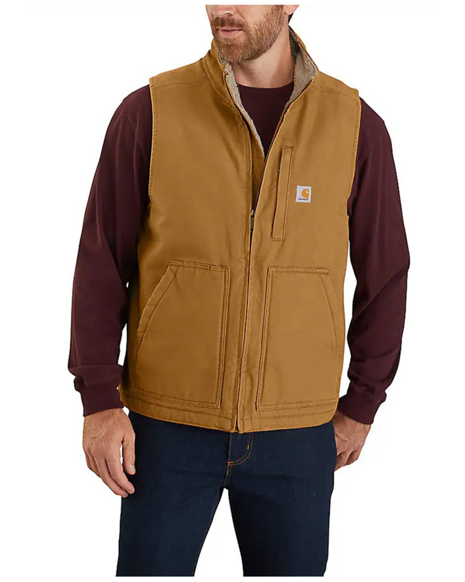 Product Name: Carhartt Men's Brown Washed Duck Sherpa Lined Mock Neck Work  Vest - Big